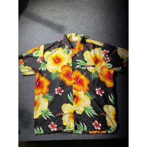 V.H.O. Mens XL Tropical Hibiscus Floral Hawaiian Shirt Black Terivoile Short Slv
